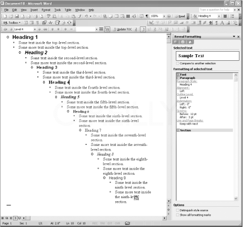 Figure 2-22: Word's built-in Heading styles, as displayed in Outline view
